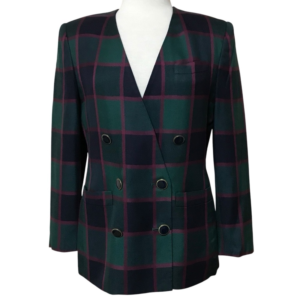 Kasper ASL Vintage Plaid Double Button Blazer Jacket Size 6P Purple Green Petite